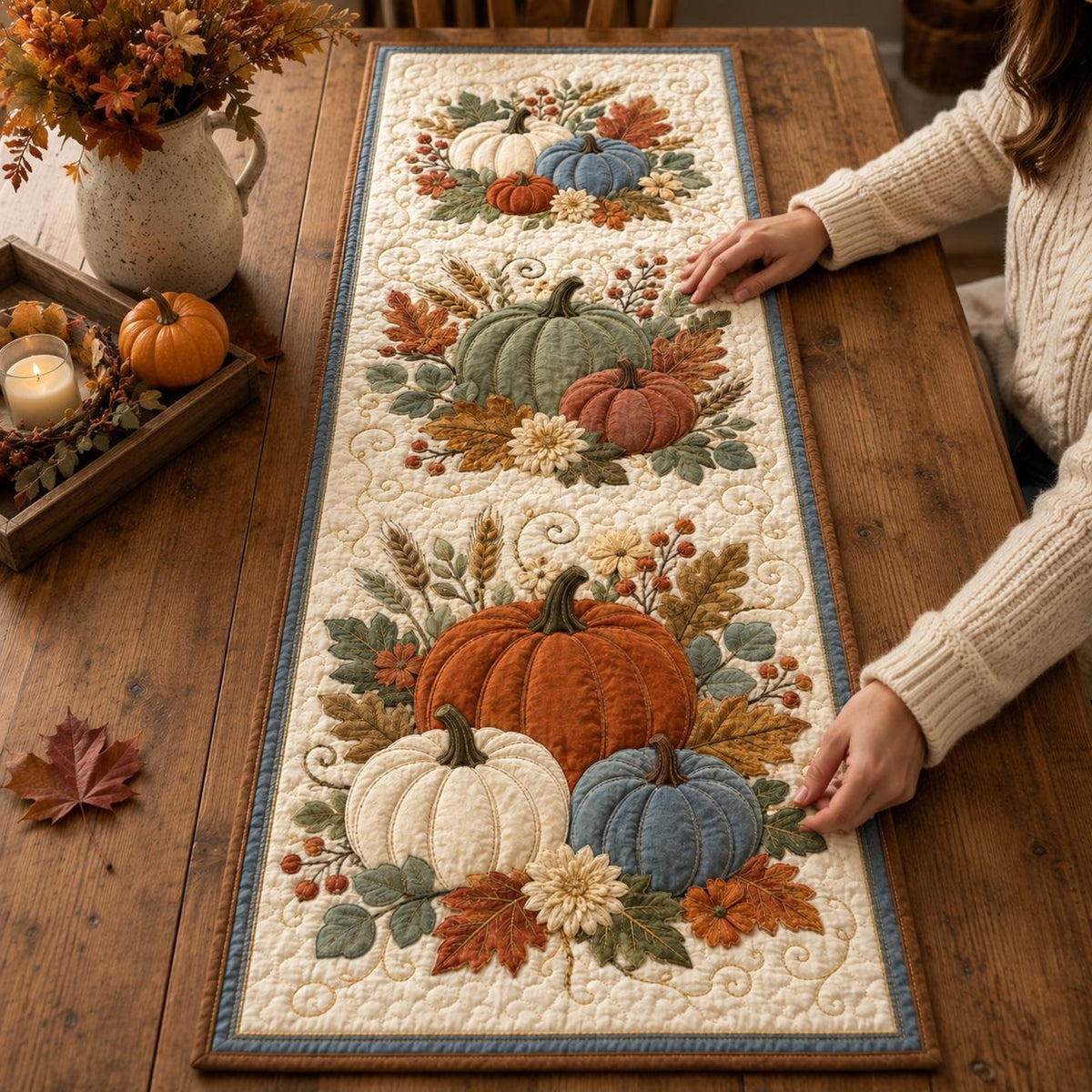 Quilted Pumpkin Table Runner, Fall Harvest Autumn Decor, Blue Orange Thanksgiving Runner 579d56d0-66af-4da3-8c7a-1a4fe6fc202d-2.jpg