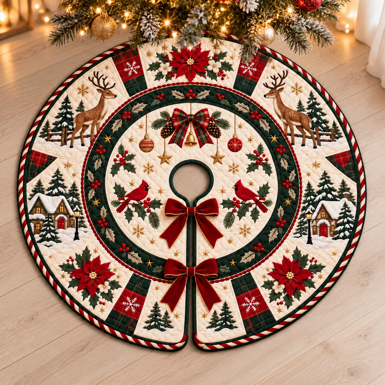 Quilted Christmas Tree Skirt, Reindeer Cardinal Tree Skirt, Poinsettia Winter Decor, Red Green Plaid Rustic Holiday Tree Mat 58373874-f321-4a8f-a2e0-b8f439c7f0fb-Quilted-Christmas-Tree-Skirt-Under-Warm-Lights.png