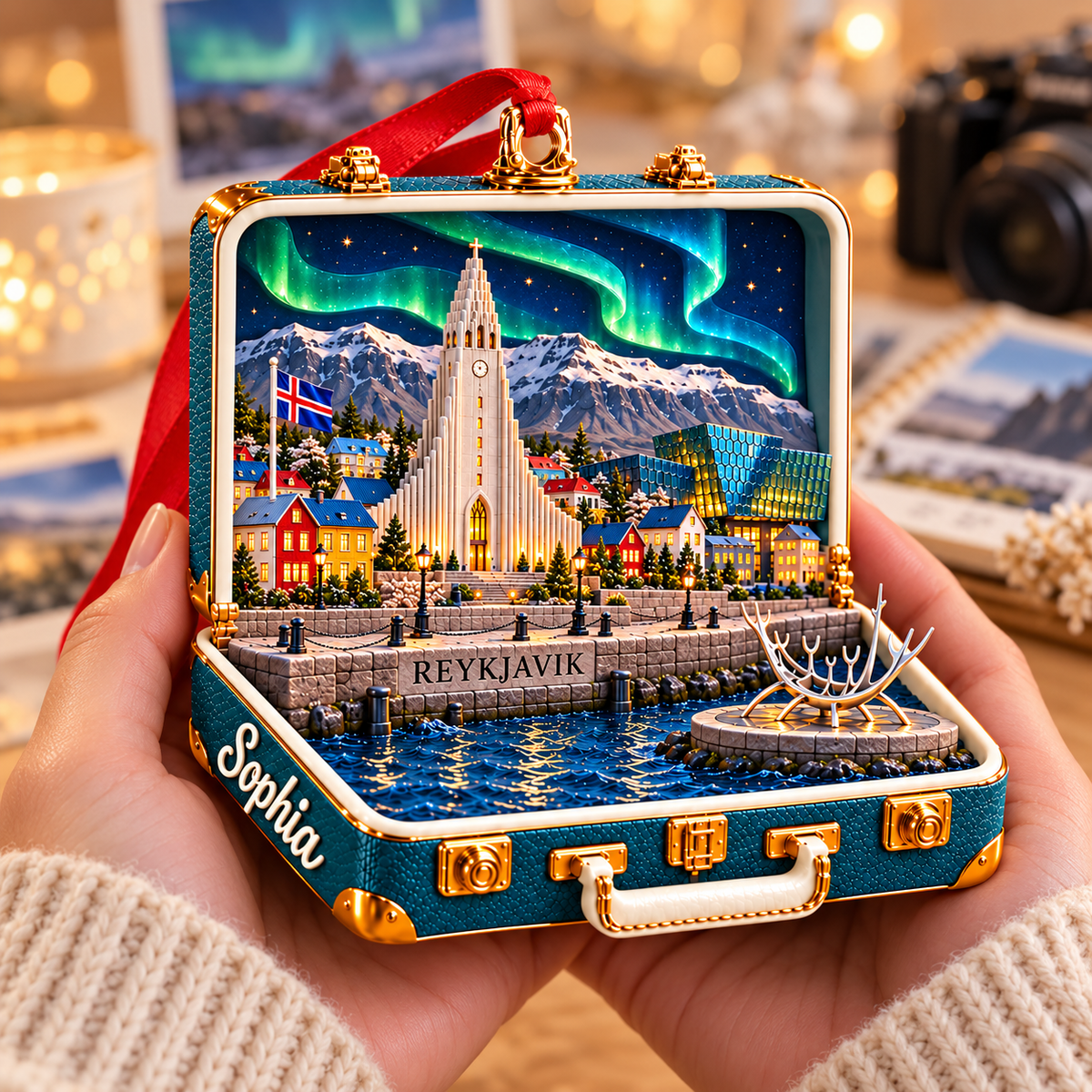 Personalized 3D Reykjavik Suitcase Christmas Ornament – Reykjavik Iceland Travel Souvenir & Gift for Iceland Lovers 586ddda4-f045-43a2-8811-0c525f7fe80c-Handheld-Reykjavik-Aurora-Suitcase-Ornament-3.png