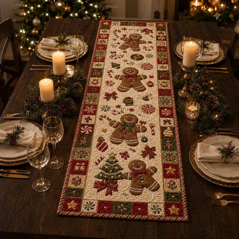 Christmas Gingerbread Table Runner, Candy Cane & Peppermint Quilt Style Decor, Festive Holiday Dining Accent, Winter Kitchen Table Gift Set. 58960d8c-eebf-43f8-b388-73d2b2457391-sdfsd-2-.webp