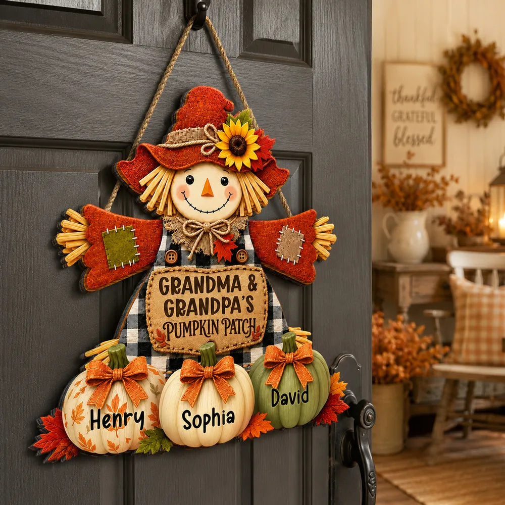 Grandma & Grandpa's Pumpkin Patch Scarecrow - Personalized Wooden Door Sign - Fall Front Porch Decor 58ba30b9-bfb4-493c-a2c6-e5acd97d390b-banner-4.webp