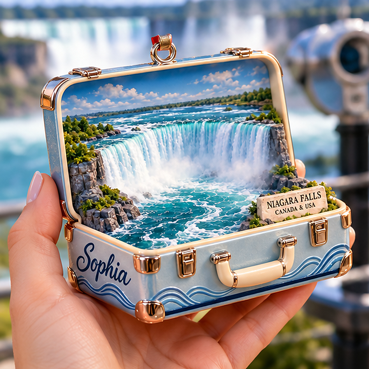 Personalized Niagara Falls 3D Suitcase Christmas Ornament, Custom Name Canada USA Travel Keepsake, Niagara Falls Vacation Souvenir Gift 594c8825-e0a1-4ef7-ab76-4c28fbf4b5fe-niagara_falls_03_handheld_travel_1200.png