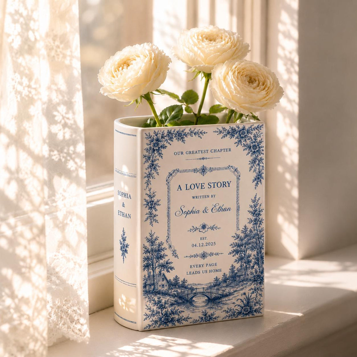 Custom Toile De Jouy Ceramic Book Vase, Personalised Wedding Gift for Couple, Bridal Shower Gift, Engagement, Wedding Gift, Bridesmaid Gift 595fed2f-b3bf-4fd4-9861-b7e65c78d77b-6.jpg