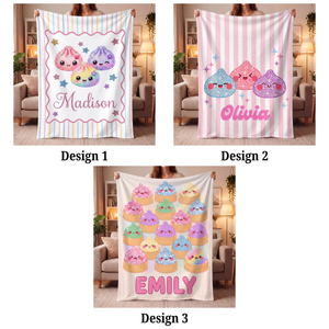 Personalized Squishy Dumpling Flannel Blanket, Custom Pastel Kawaii Throw, Cute Name Bedding Gift for Girls 5981a2c4-a51f-4c2f-a0d1-8268e7b89816-banner-option.png
