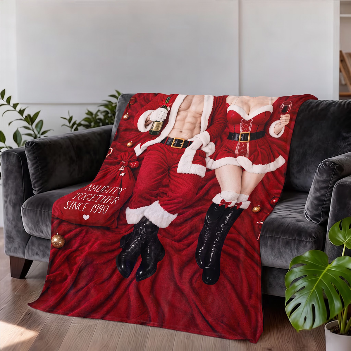 Funny Couple Santa Elf - Fleece Blanket - Gifts for Couple Family 59a38bd4-48b2-43e6-a1f7-7e8cbda3e26e-MOCKUP-5.png