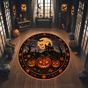 Halloween Round Area Rug, Haunted House Pumpkin Rug, umpkin Patch Area Rug, Gothic Fall Decor, Jack O Lantern Home Rug, Full Moon Witchy Rug 59a936c5-b023-4aa9-ac7d-113c1533c01b-1.jpg