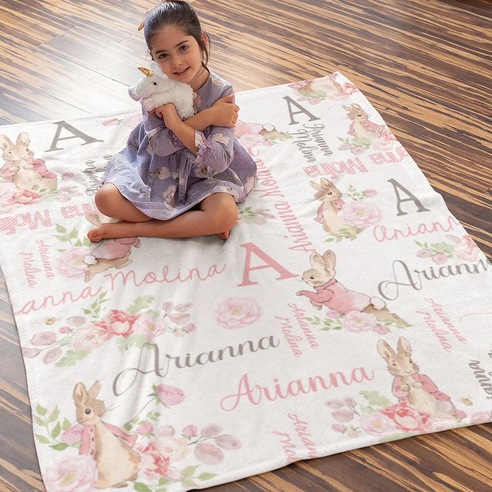 Personalised Peter Rabbit Bunny Floral Blanket with Initial and Name Easter Birthday Gift for Kids