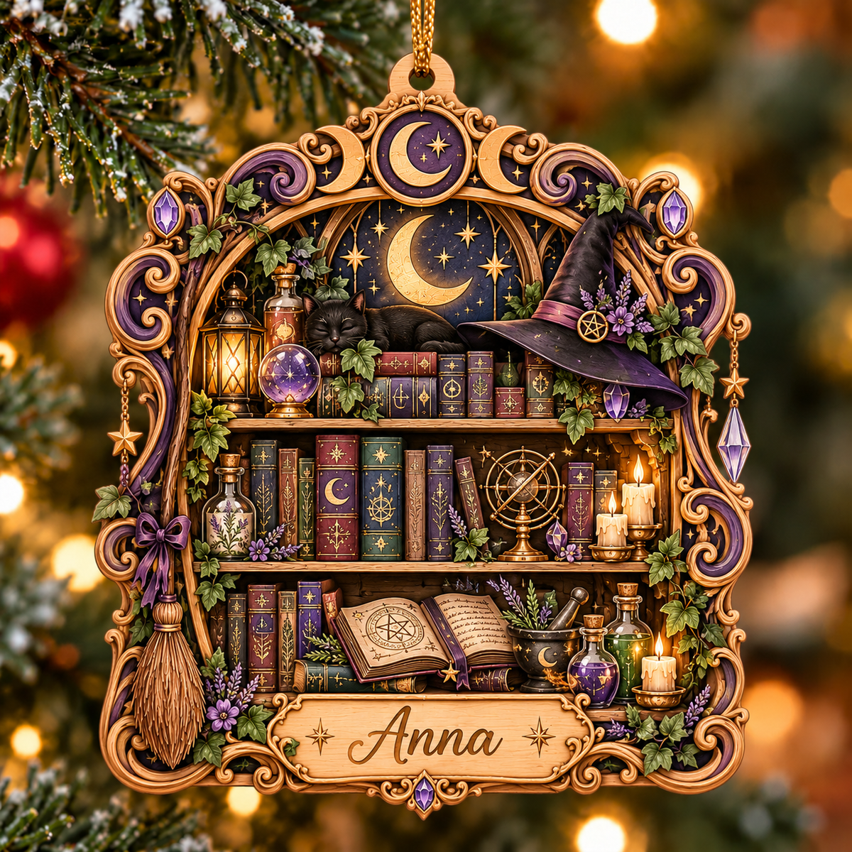 Personalized Witch's Spellbook Library Layered Wood Christmas Ornament, Custom Name Witchy Bookshelf Ornament, Magical Gift for Book Lovers 59e46795-ec81-4354-a049-3d8977aeb24d-Anna-s-Enchanted-Witchy-Bookshelf-Ornament.png
