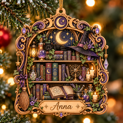 Personalized Witch's Spellbook Library Layered Wood Christmas Ornament, Custom Name Witchy Bookshelf Ornament, Magical Gift for Book Lovers 59e46795-ec81-4354-a049-3d8977aeb24d-Anna-s-Enchanted-Witchy-Bookshelf-Ornament.png