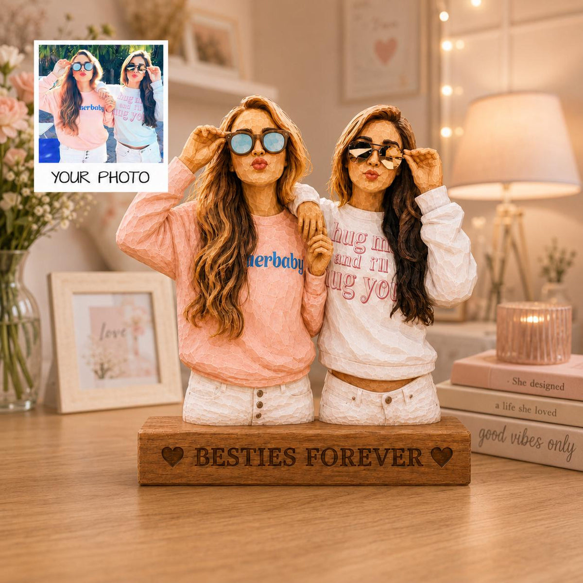Personalized bestie Wooden Block, Custom Photo Portrait Carved Figurine for her, Home decor gift for besties, Best friend Ever Keepsake 59e67652-8c44-4775-9b80-ebfe4ef0995e-2.jpg