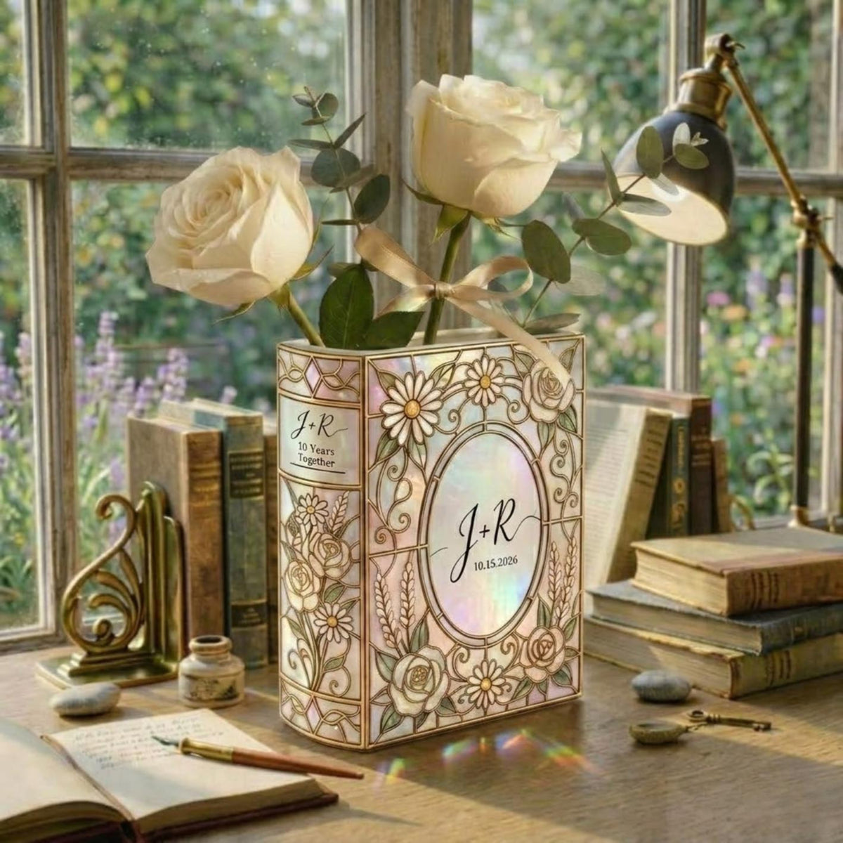 Personalized Engage Ceramic Book Vase, Custom Couple Initials Vase, Bookshelf Decor, Wedding Anniversary Gifts