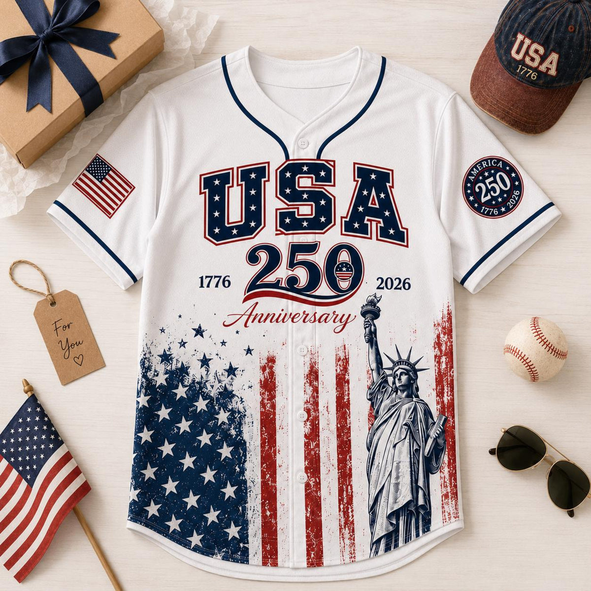Personalized USA 250 Baseball Jersey, Custom Name America 250th Anniversary Jersey, 1776 2026 Patriotic Shirt, 4th of July Gift