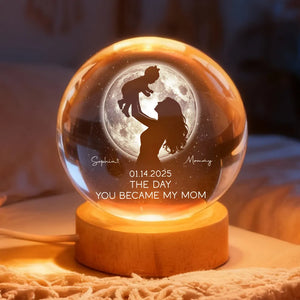 Mom Hugging Kid Under The Moon - Personalized Crystal Ball LED Night Light - Mother's Day Gift