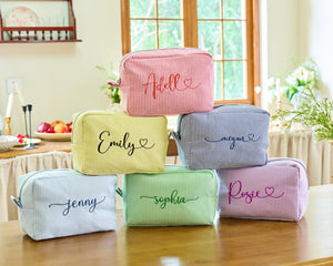 Personalized Seersucker Makeup Bag, Embroidered Cosmetic Bag, Bridesmaid Gifts, Large Capacity Monogrammed Toiletry Bag, Bridal Shower Gifts
