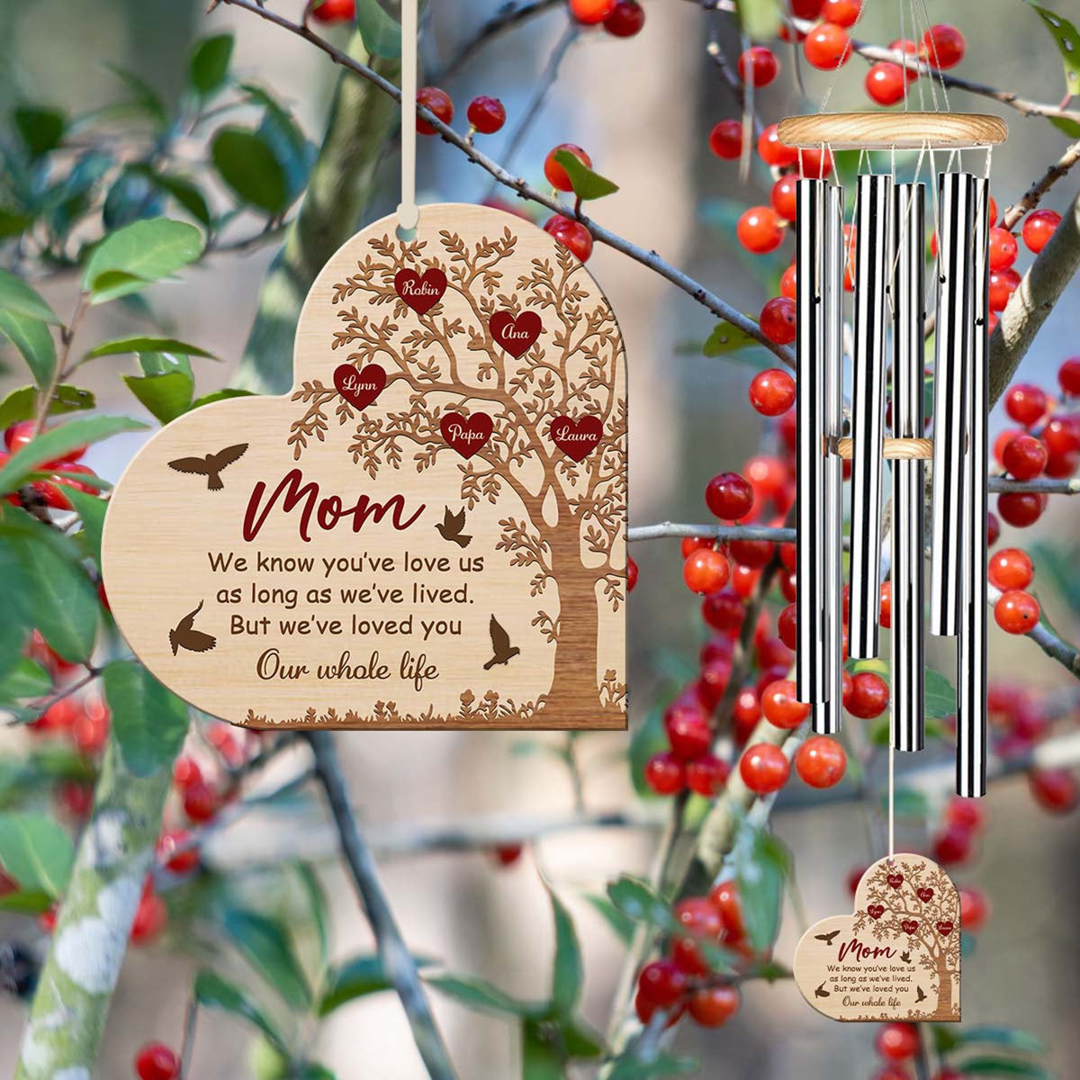 Personalized Mom Wind Chime, Custom Kid Name Sign, Heart Keepsake, Wood Wind Chime, Gift for Grandma, Mother's Day Gift, Home Decor