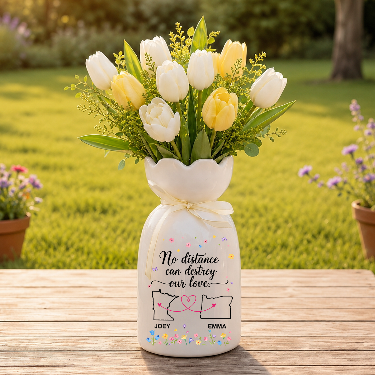 No Distance Can Destroy Our Love - Personalized Custom Ribbon Tie Flower Vase