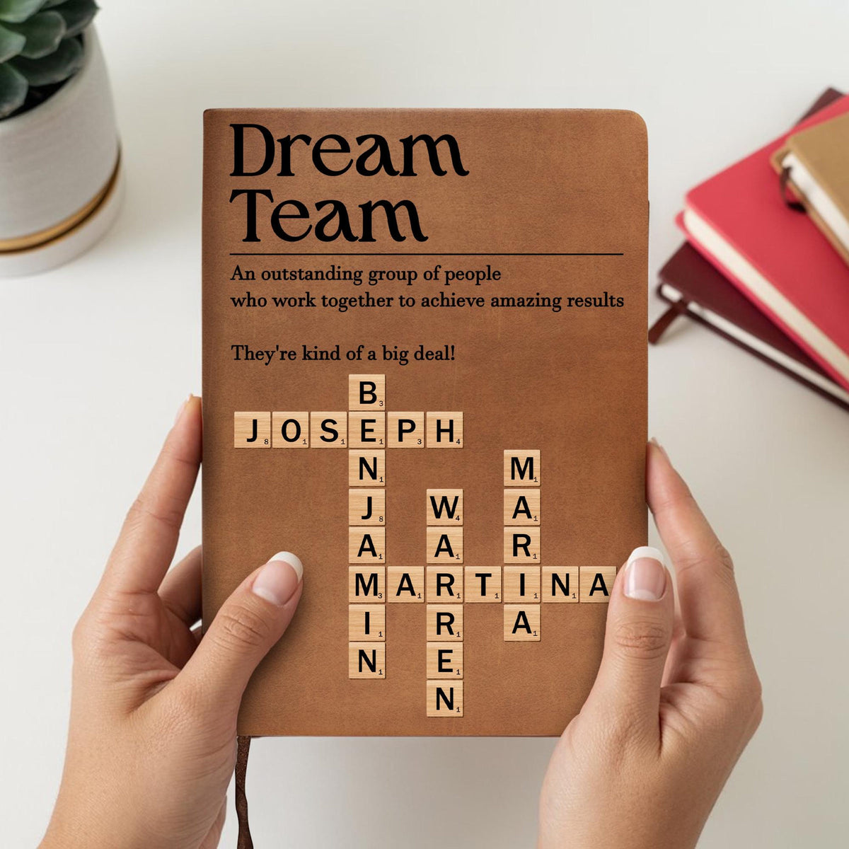 Personalized Dream Team Leather Journal with Custom Scrabble Names, Employee Appreciation Office Notebook Gift, Gift For Coworker