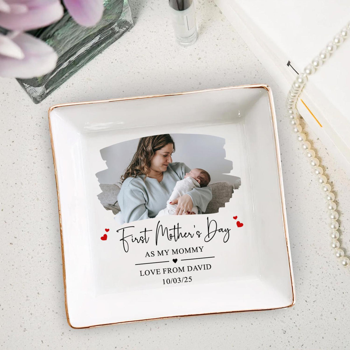 First Mother's Day - Personalized Jewelry Dish - Gift For Mom, Mom And Kid Custom Photo, 1st Mothers Day Gift