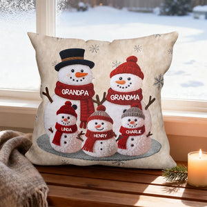 3D Effect Fleece Texture Christmas Grandma Grandkids Snowman Together - Personalized Pillow - Heartwarming Gift For Grandparents