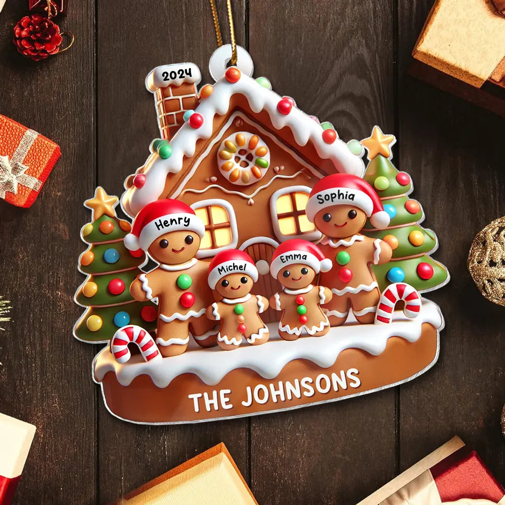 Gingerbread Family With Gingerbread House 3D Effect - Personalized Acrylic Ornament - Christmas Gift For Family