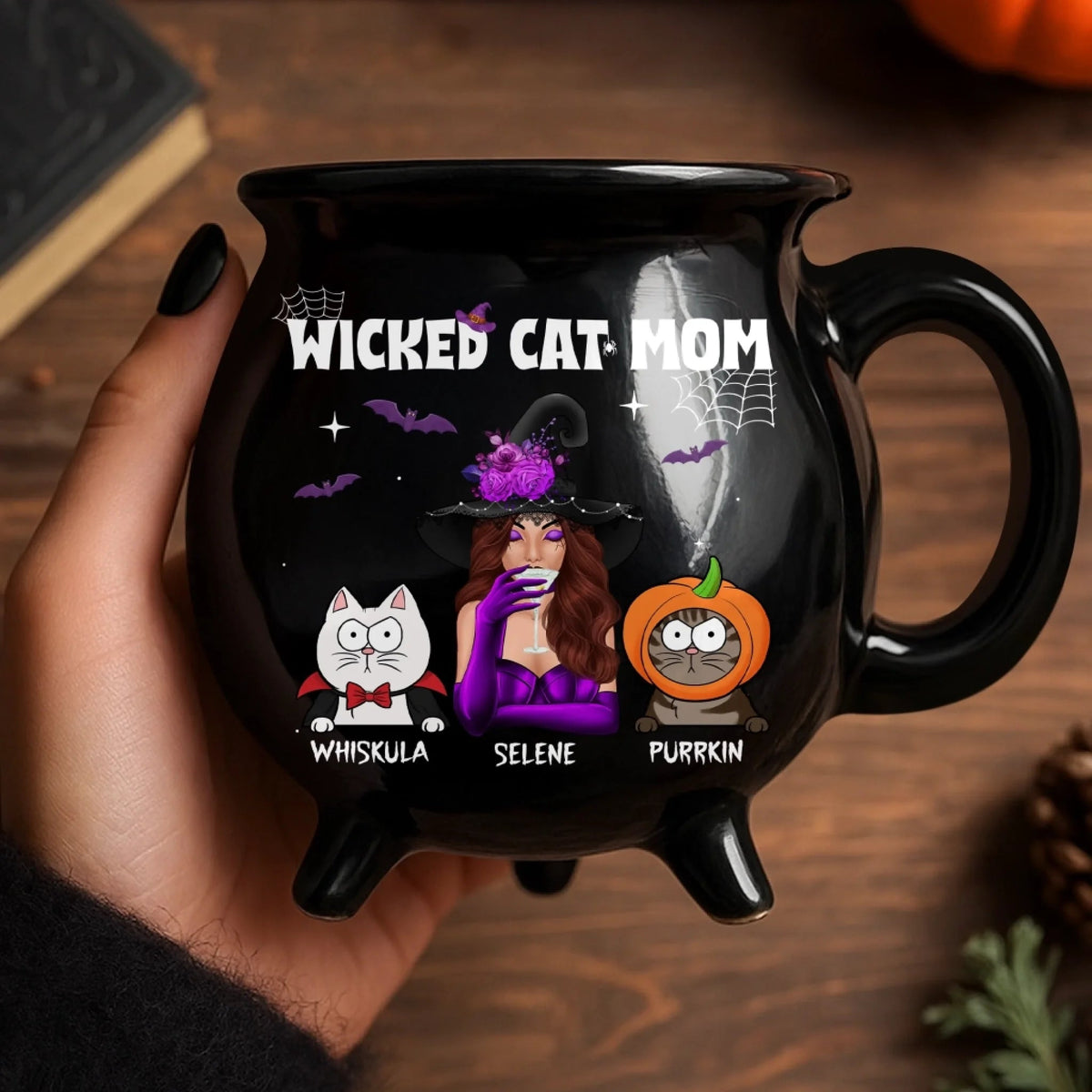 Wicked Cat Mom - Personalized Halloween Black Ceramic Witch Mug - Gift For Cat Mom, Halloween Gift For Cat Lovers