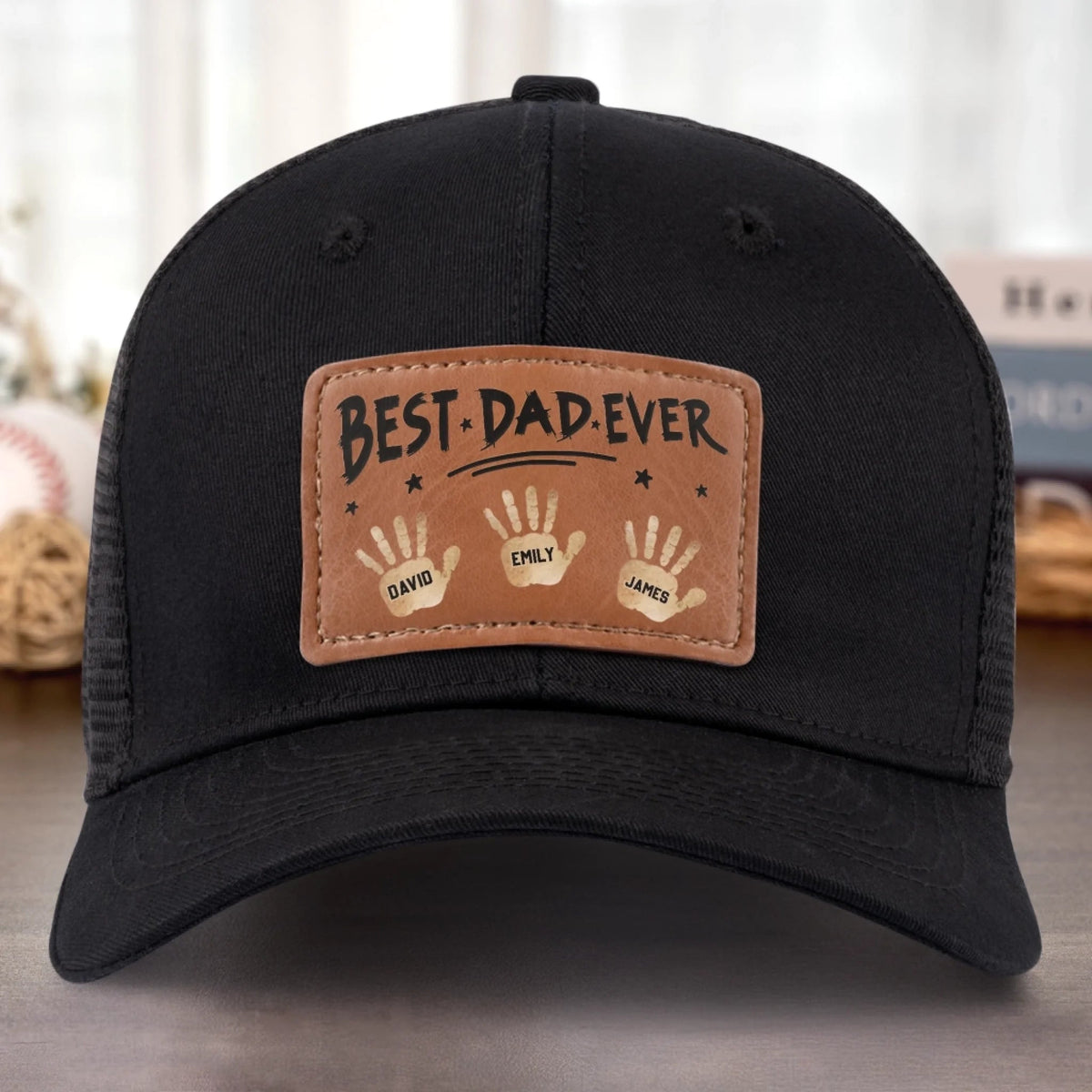 Best Dad Ever Hands Down - Personalized Leather Label Net Hat - Gift For Dad, Grandpa, Father's Day Gift