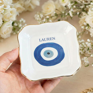 Custom Evil Eye Ring Dish, Personalized Jewelry Tray with Name, Gold Rim Trinket Dish, Protection Charm Gift, Custom Name Good Luck Charm