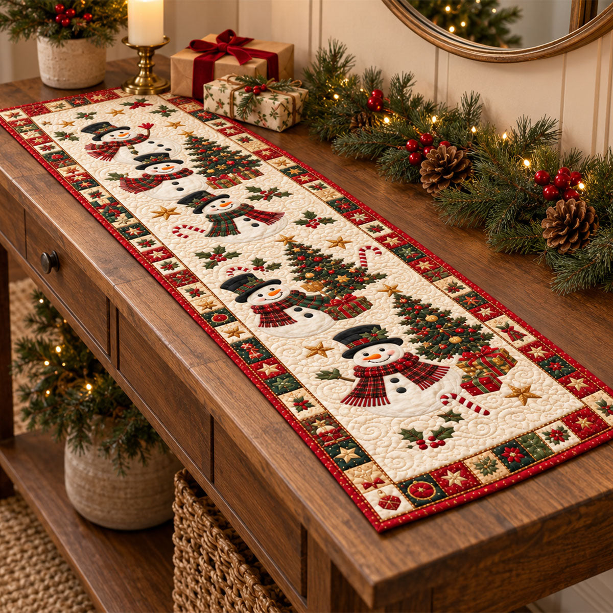 Christmas Quilted Table Runner, Holiday Winter Dining Table Decor