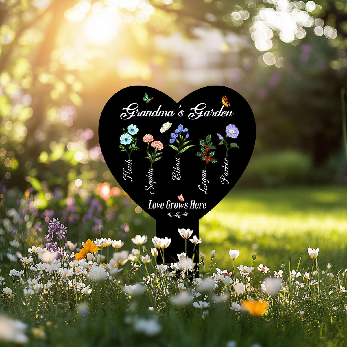 Personalized Birth Flower Metal Garden Stake, Mother's Day Gifts for Grandma, Grandkids Names, Nana's Blessings, Garden Marker Botanical Art