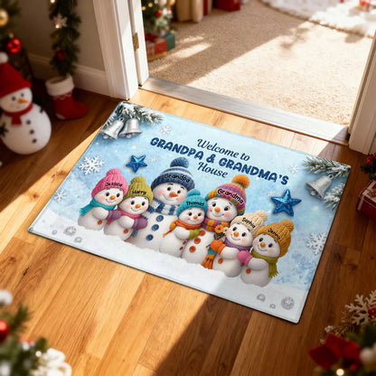 3D Effect Snowy Christmas Snowman Welcome To Grandma Grandpa House - Personalized Doormat - Christmas Gift For Grandma & Grandpa