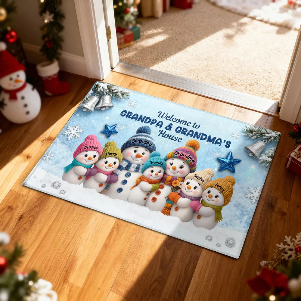3D Effect Snowy Christmas Snowman Welcome To Grandma Grandpa House - Personalized Doormat - Christmas Gift For Grandma & Grandpa