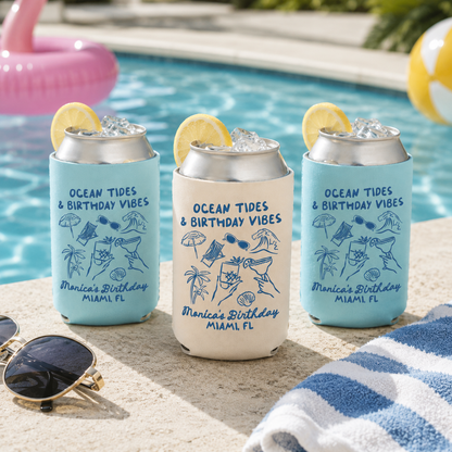 Ocean Tides & Birthday Vibes Birthday Can Cooler - Custom Beach Birthday Party Favors - Personalized Cozies in Regular and Slim Size