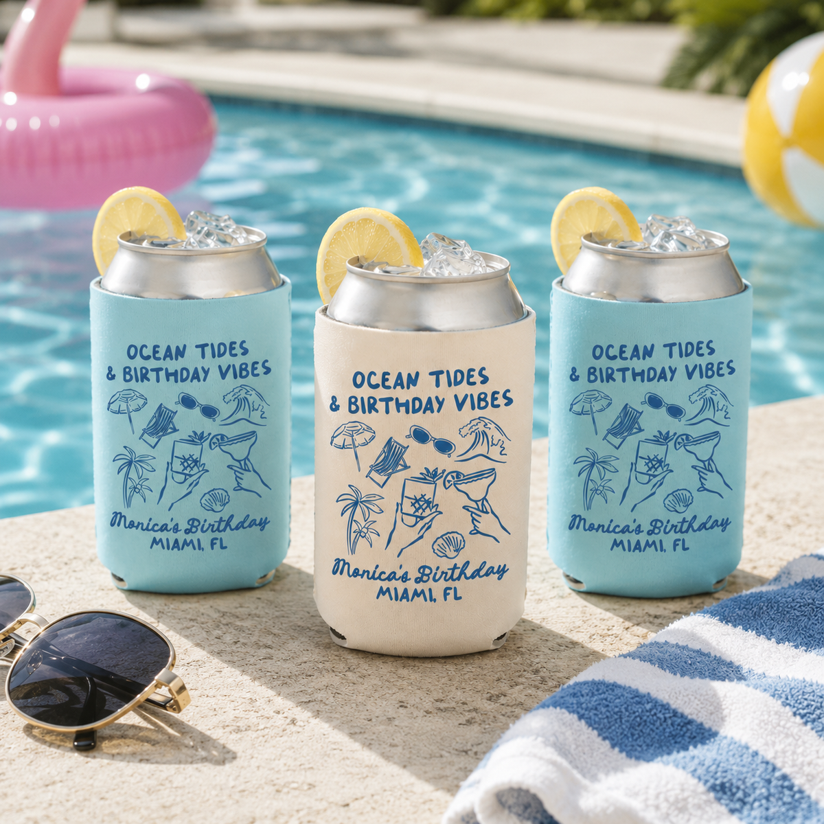 Ocean Tides & Birthday Vibes Birthday Can Cooler - Custom Beach Birthday Party Favors - Personalized Cozies in Regular and Slim Size