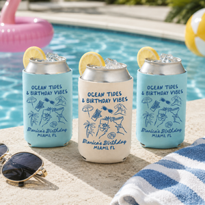 Ocean Tides & Birthday Vibes Birthday Can Cooler - Custom Beach Birthday Party Favors - Personalized Cozies in Regular and Slim Size