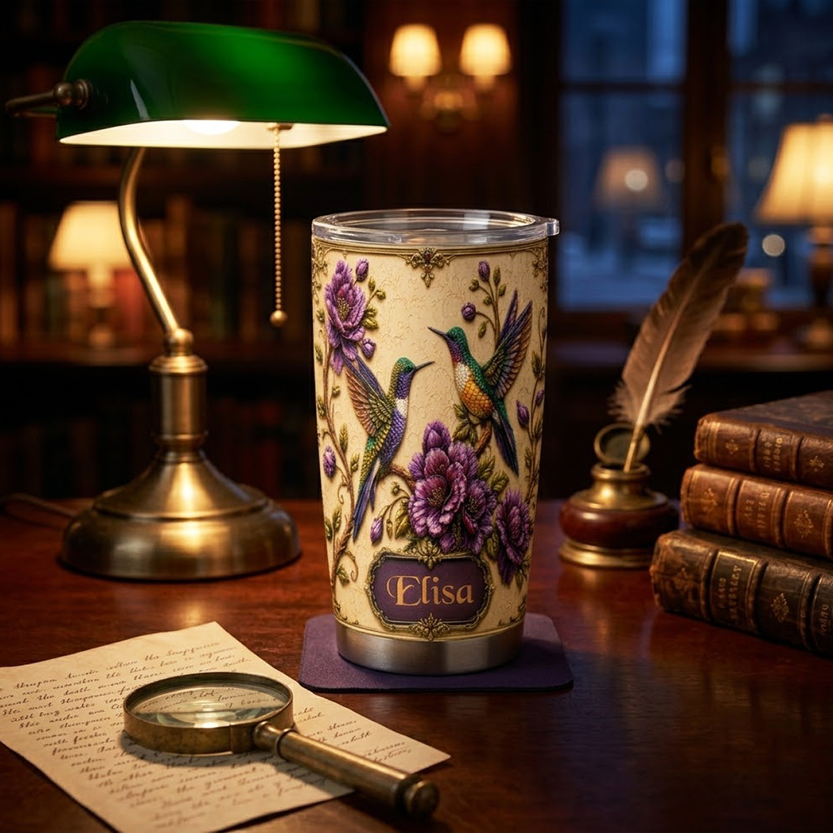 Elegant Purple Floral Hummingbird Insulated Tumbler