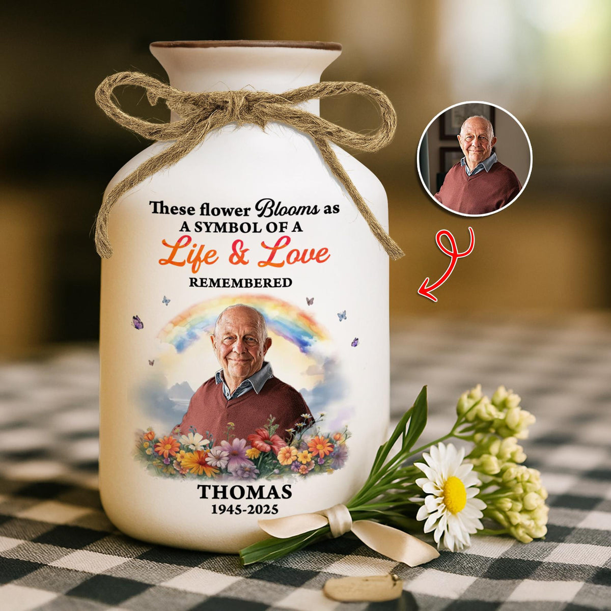 Rainbow Memorial Vase, Personalized Photo Vase, Sympathy Gift, In Loving Memory, Remembrance Gift for Loss of Loved One, Grief Gift