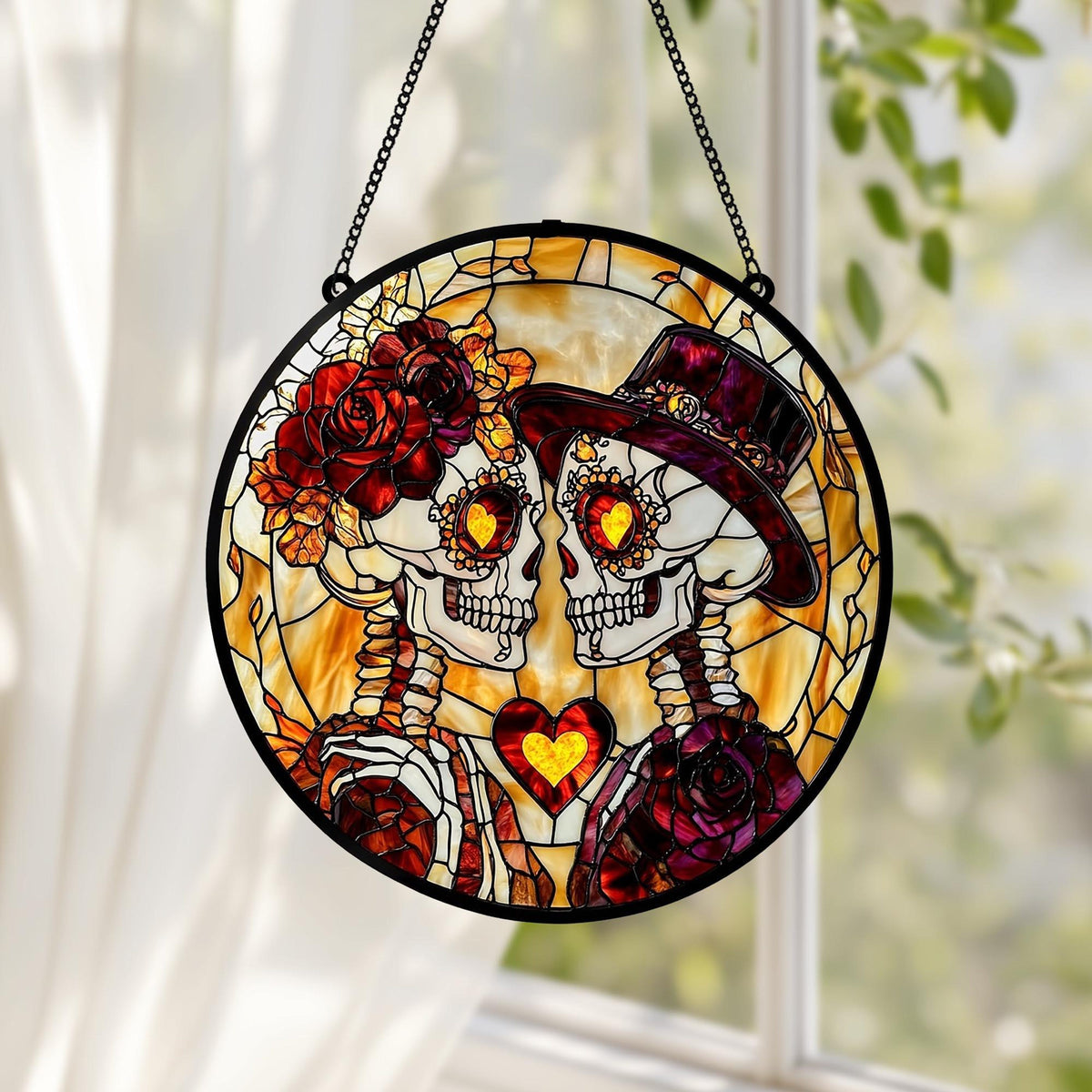 Custom Skeleton Couple Faux Stained Glass Suncatcher, Gothic Wedding Decor, Halloween Anniversary Gift for Spooky Couples, Wedding Gift
