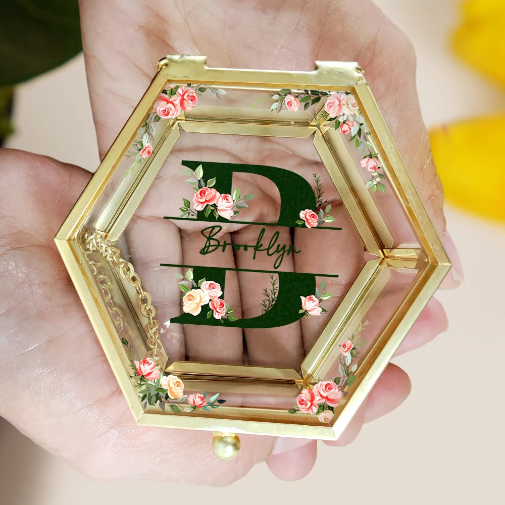 Monogram Floral - Personalized Hexagonal Glass Ring Box - Gift For Mother, Grandma, Aunt, Besties, Sisters, Girlfriend