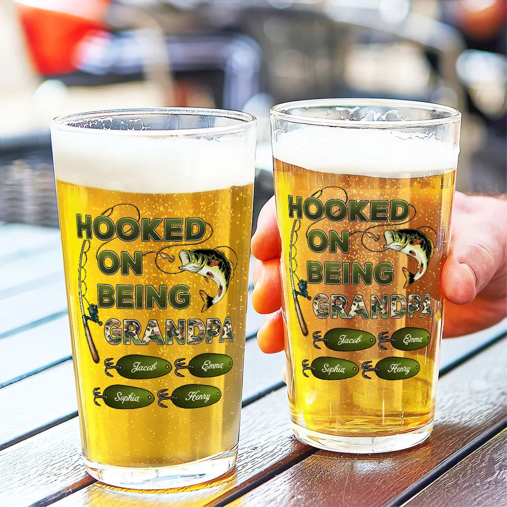 Hook On Being Grandpa Fishing Camouflage - Personalized Beer Glass - Gift For Dad Papa On Father's Day, Birthday Gift