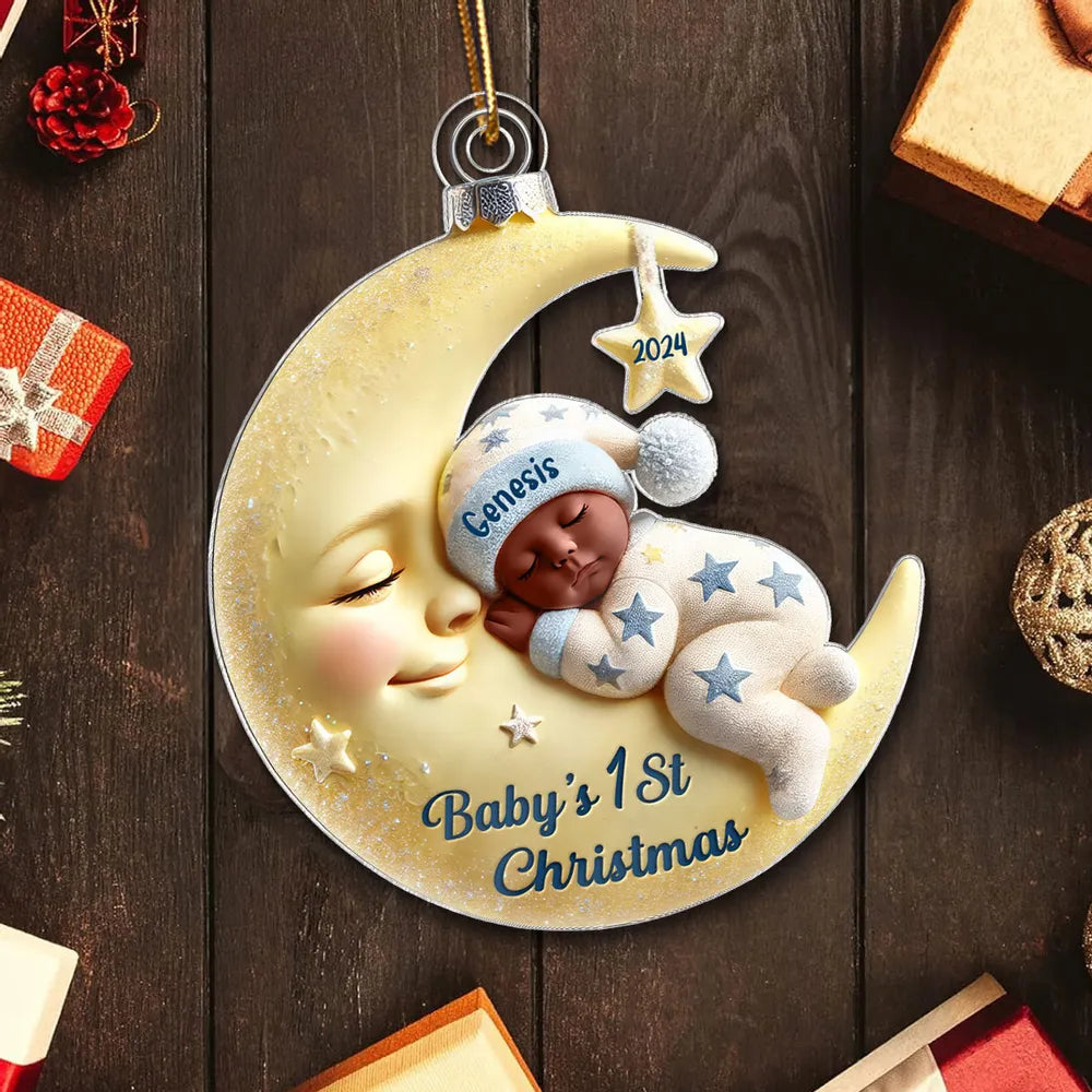 3D Effect Baby On Moon - Personalized Acrylic Ornament - Christmas Keepsake, Gift For Family & Baby