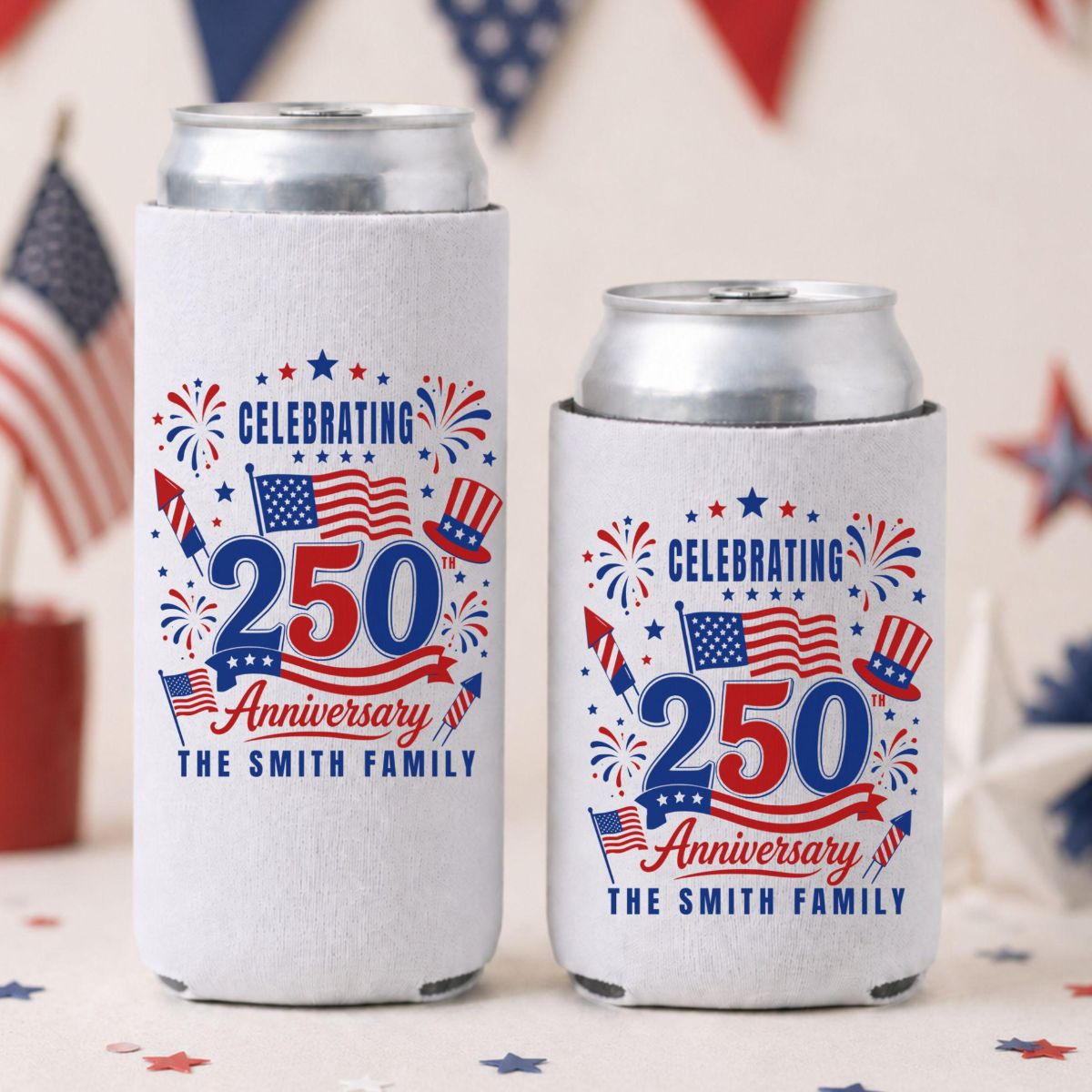 Personalized America 250th Anniversary Can Cooler Favor, Patriotic Family BBQ Drink Holder, Custom 4th of July Slim & Regular Can Sleeve