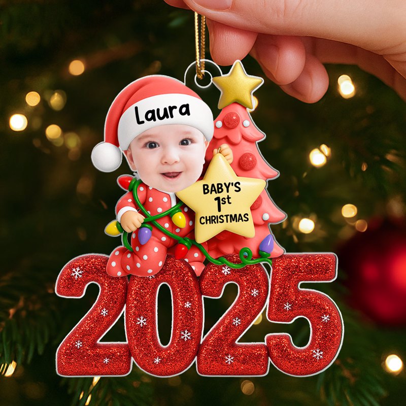 Baby Christmas Tree Upload Photo Glitter 2025 - Personalized Acrylic Ornament - Christmas Gift For Baby