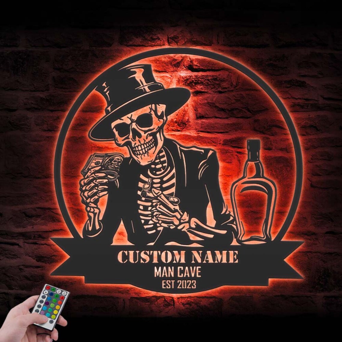 Custom Skeleton Bourbon Cigar Dollars Metal Wall Art LED Light, Personalized Whiskey Bar Pub Name Sign Decor, Man Cave Halloween Decoration