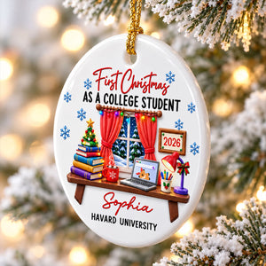College Student With Desk Design - Personalized Ceramic Ornament - Christmas Gift For New Student, Boy, Girl