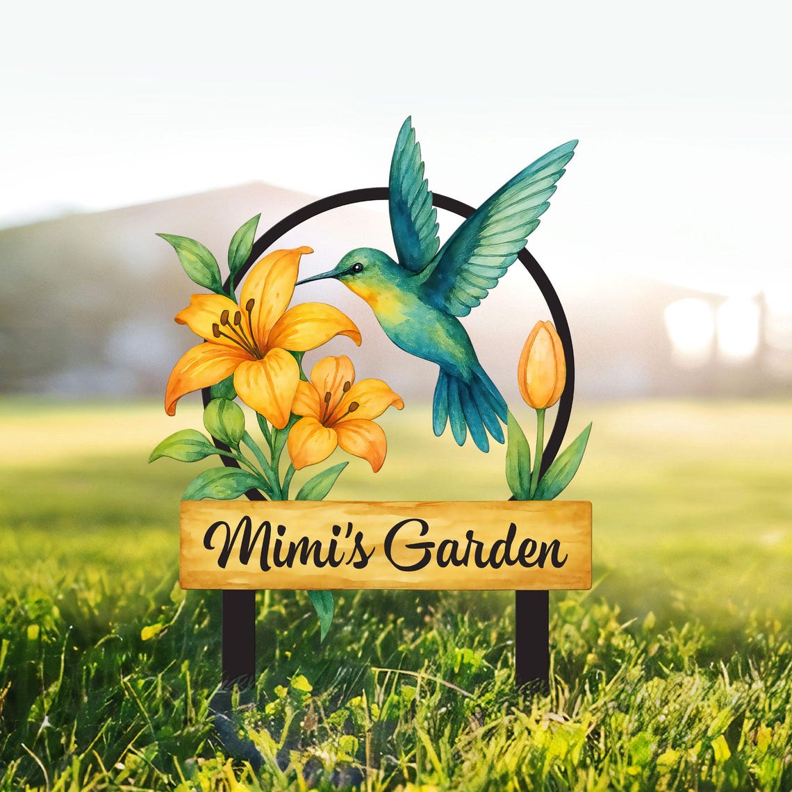 Custom Hummingbird Metal Garden Sign, Bird with Stakes Garden Decor, Mother's Day Gardening Gift, Nana's Blessings, Gardener Name Sign