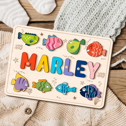 Ocean Life Name Puzzle with Fish, Wood Name Puzzle, Custom Handmade Name Puzzle, Birthday Gifts for Toddler, Montessori Board, Nursery Decor
