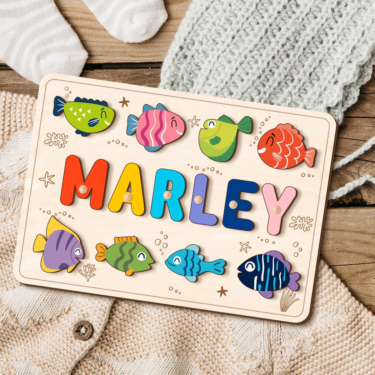 Ocean Life Name Puzzle with Fish, Wood Name Puzzle, Custom Handmade Name Puzzle, Birthday Gifts for Toddler, Montessori Board, Nursery Decor