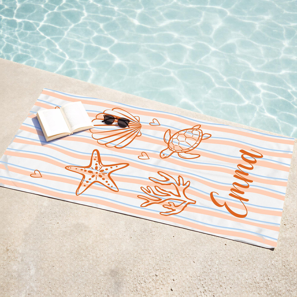Personalized Shell & Sea Turtle Beach Towel, Custom Name Summer Beach Blanket, Spa, Pool, Travel, Fun Ocean Gift