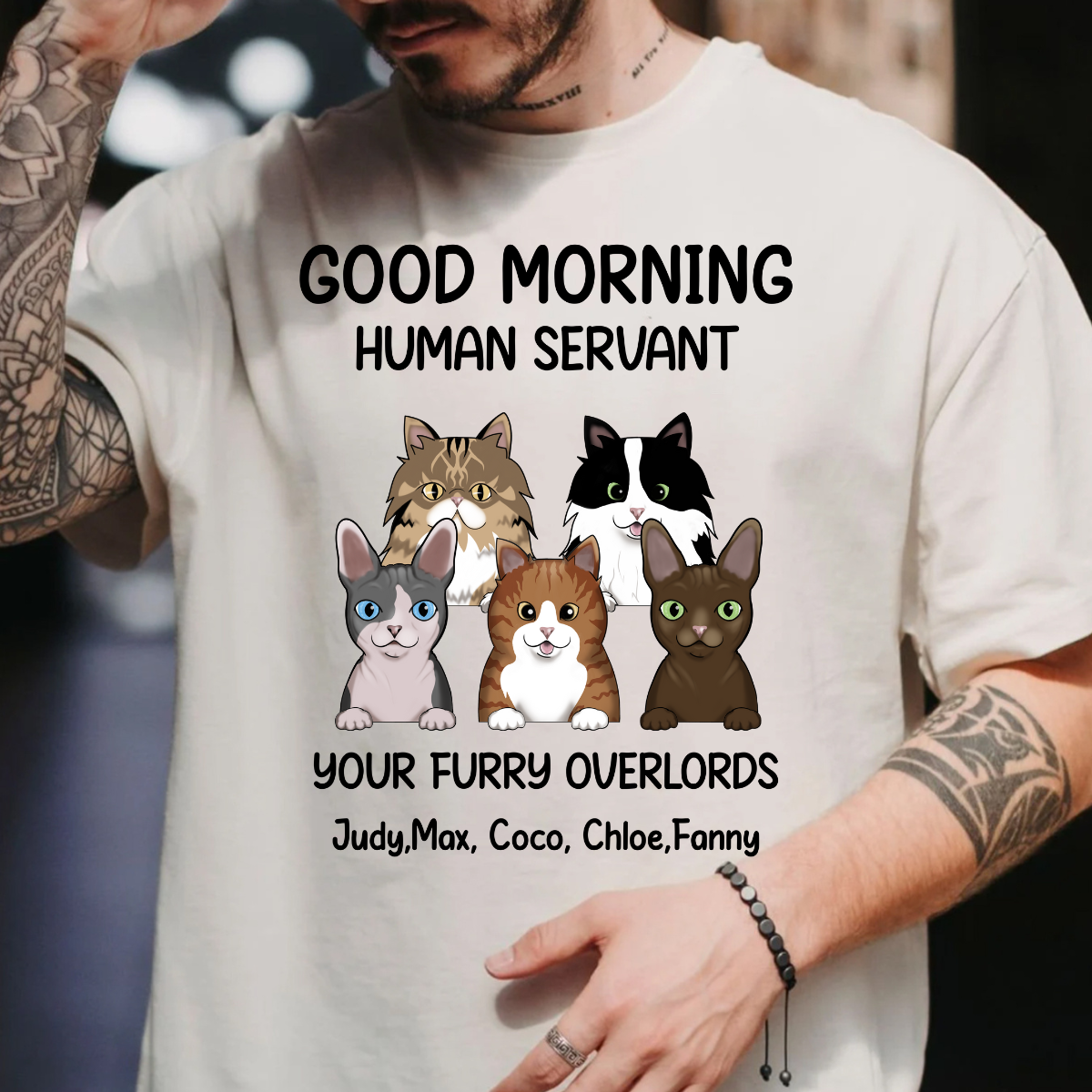 Good morning, Human Servant Your Furry Overlord Here Personalized T-Shirt Perfect Gift For Cat Lovers Cat Mom Cat Dad
