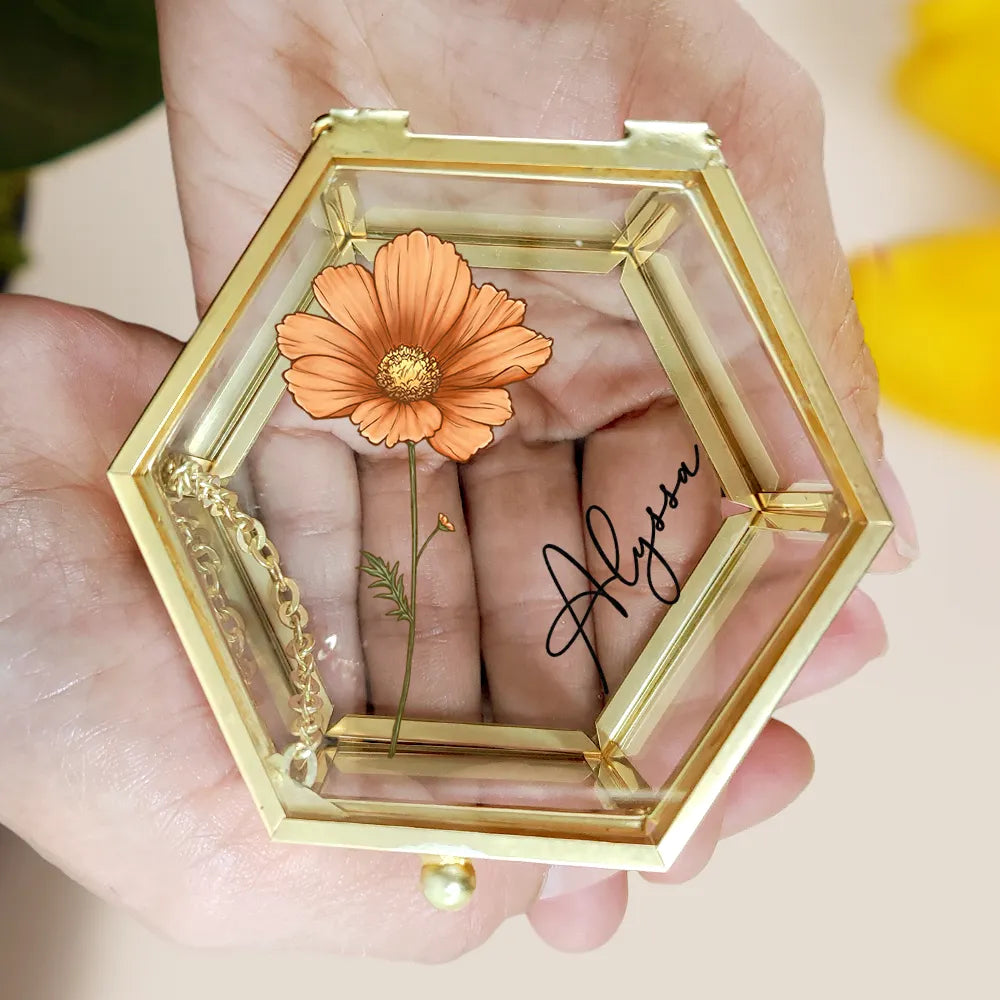 Flower Blooms Custom Your Birth Month Flower - Personalized Hexagonal Glass Ring Box - Gift For Mother, Sister, Bestie, Friend, Girlfriend